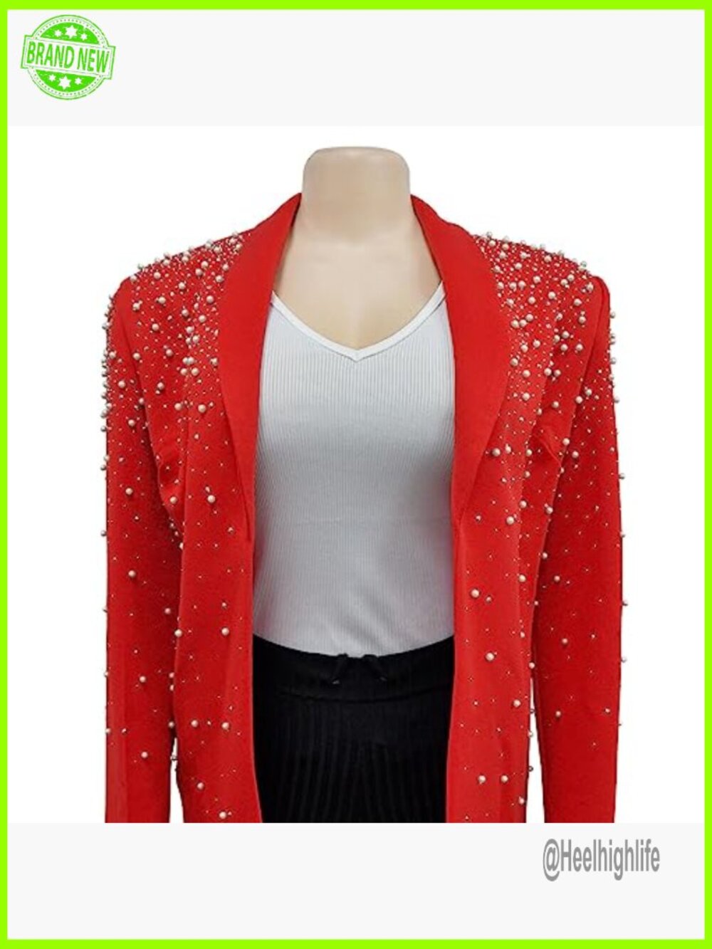 Long Sleeve Lapel Pearls Rhinestones Blazer Jacket for Nightclub Party - Picture 4 of 6